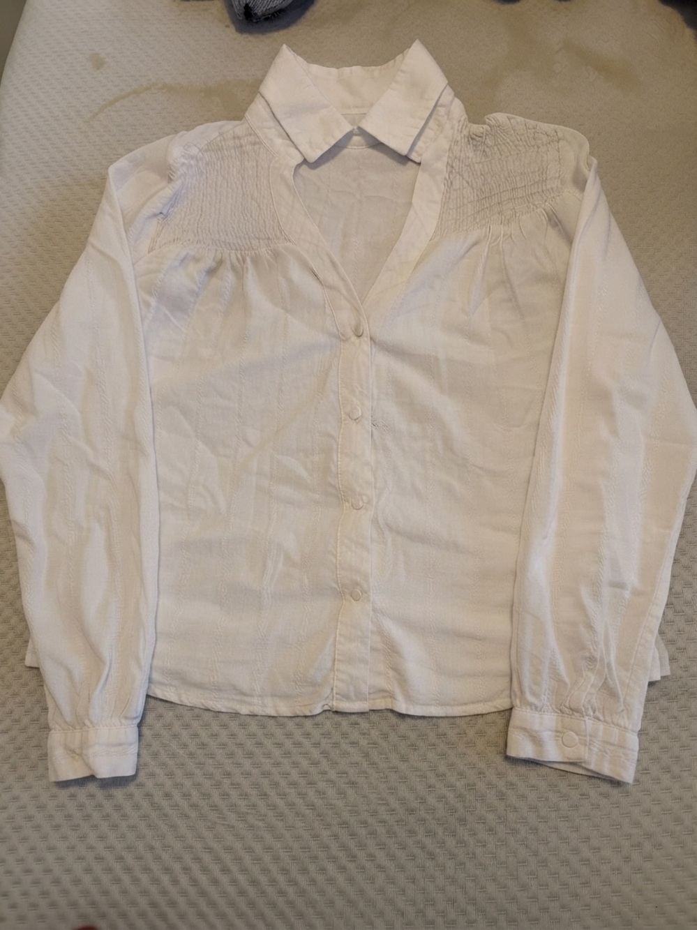 Zara White Button-Front Smocked Shoulder Shirt
